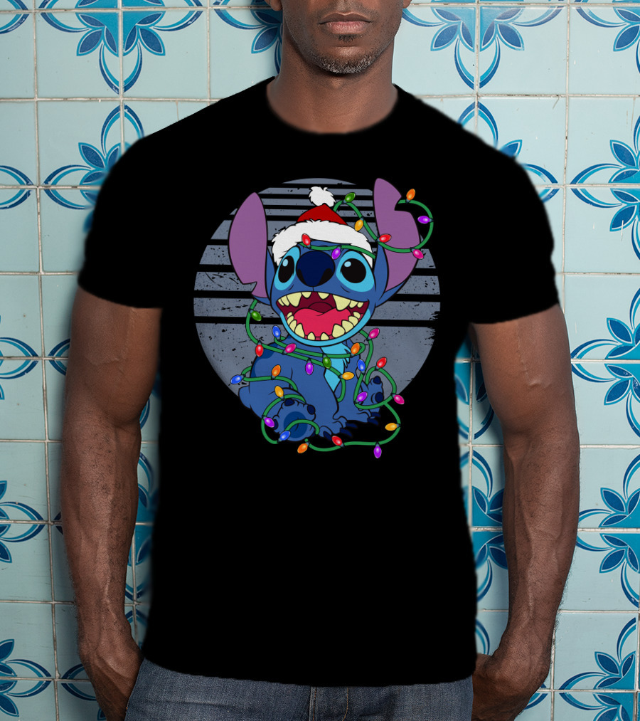 Stitch Christmas Lights Holiday Santa Hat T-Shirt