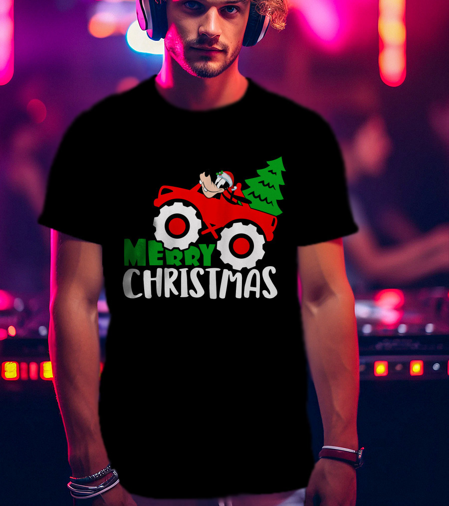 Merry Christmas Goofy In Santa Hat On Red Tractor With Christmas Tree T-Shirt