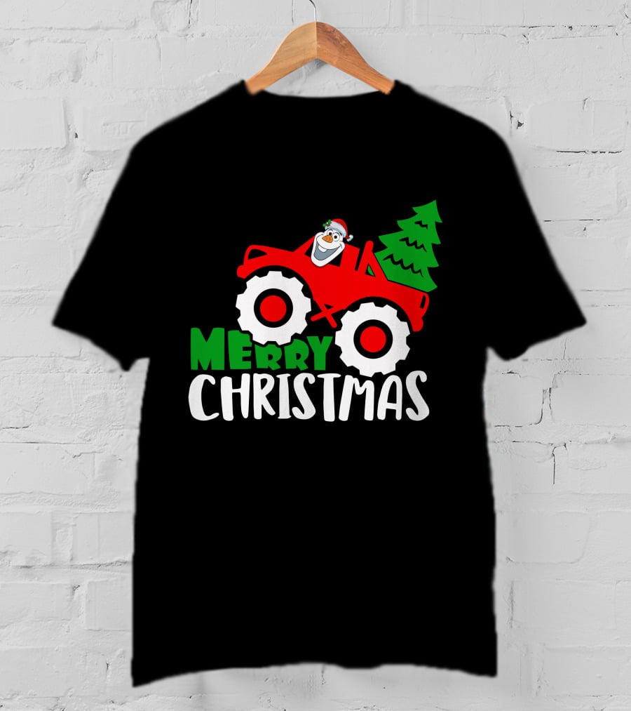 Merry Christmas Olaf Monster Truck With Santa Hat And Christmas Tree T-Shirt