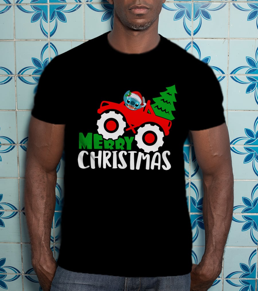 Merry Christmas Stitch Riding Red Truck With Tree T-Shirt