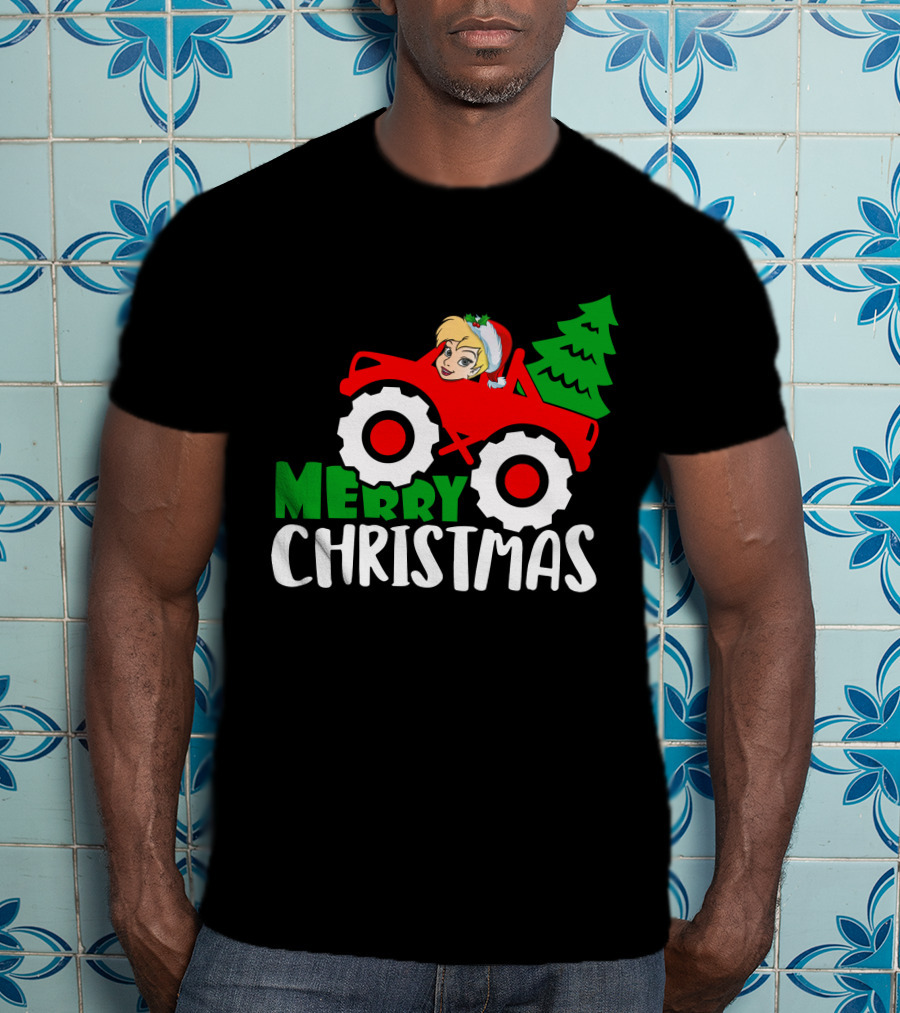 Merry Christmas Tinkerbell In Santa Hat Riding Tractor With Christmas Tree T-Shirt