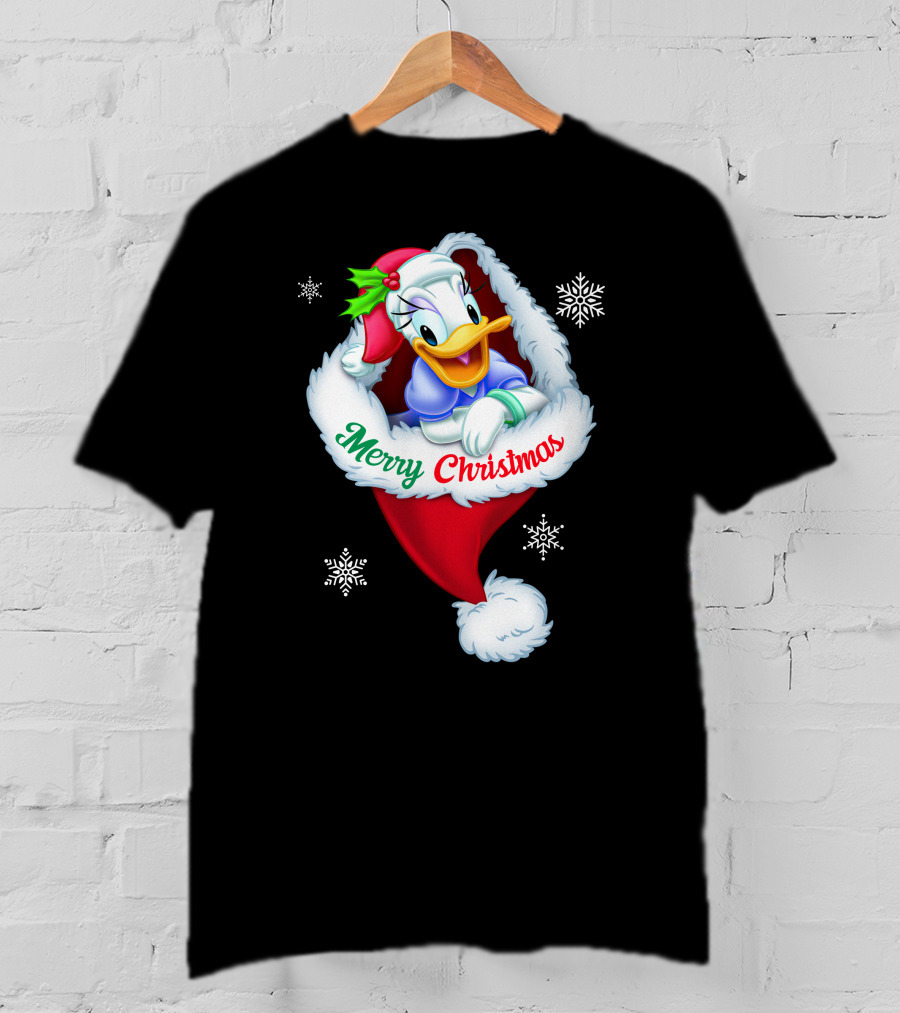 Merry Christmas Daisy Duck Santa Hat Snowflakes T-Shirt