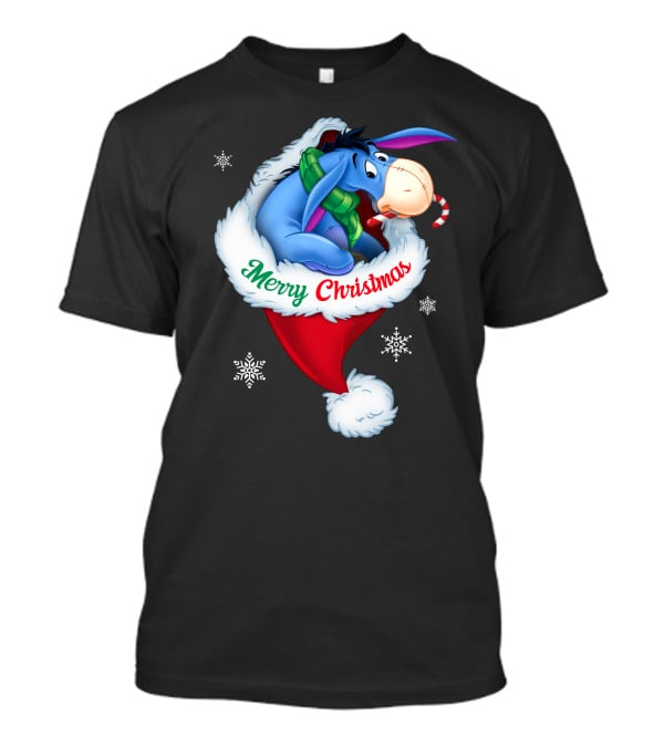 Eeyore Merry Christmas Santa Hat Snowflakes T-Shirt