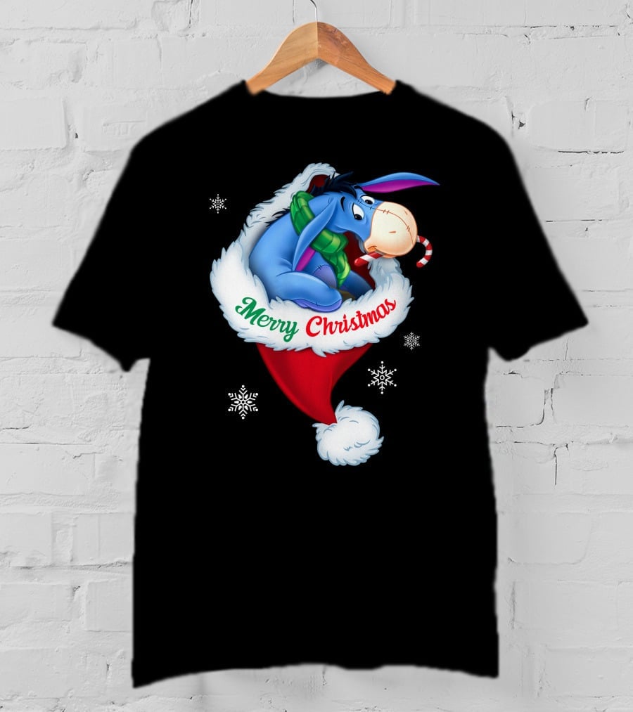 Eeyore Merry Christmas Santa Hat Snowflakes T-Shirt