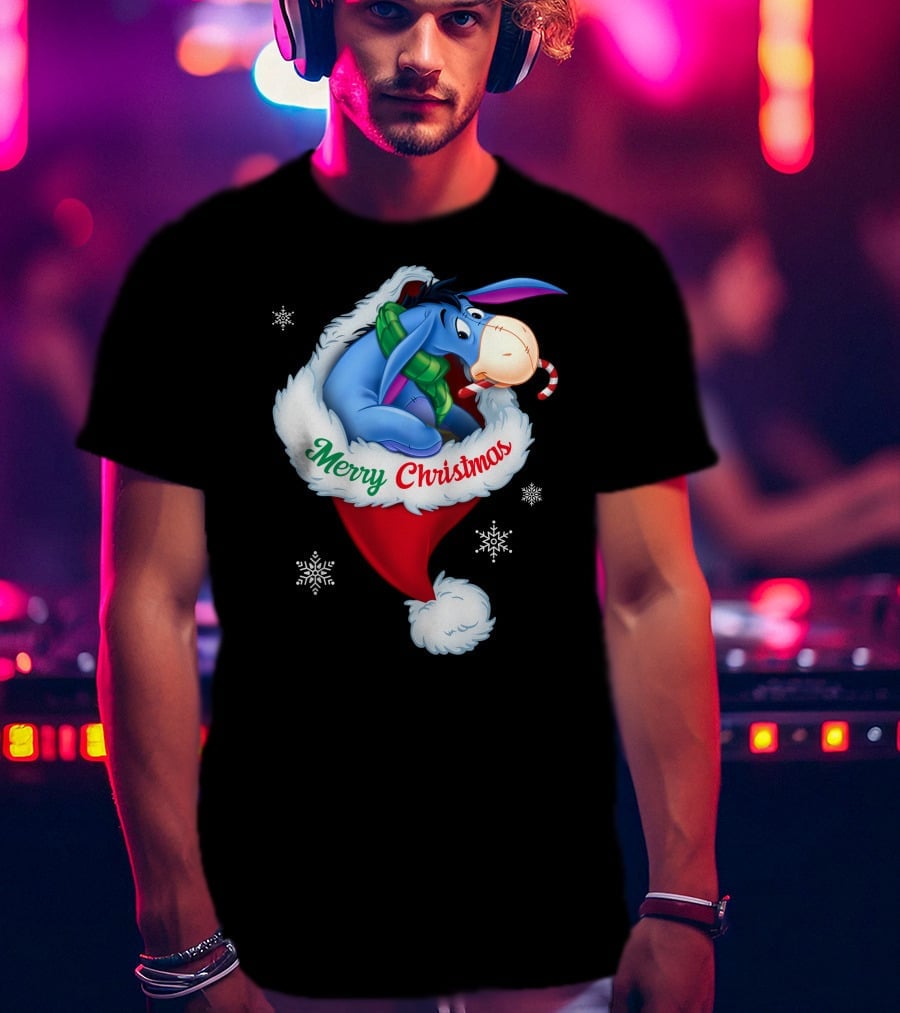 Eeyore Merry Christmas Santa Hat Snowflakes T-Shirt