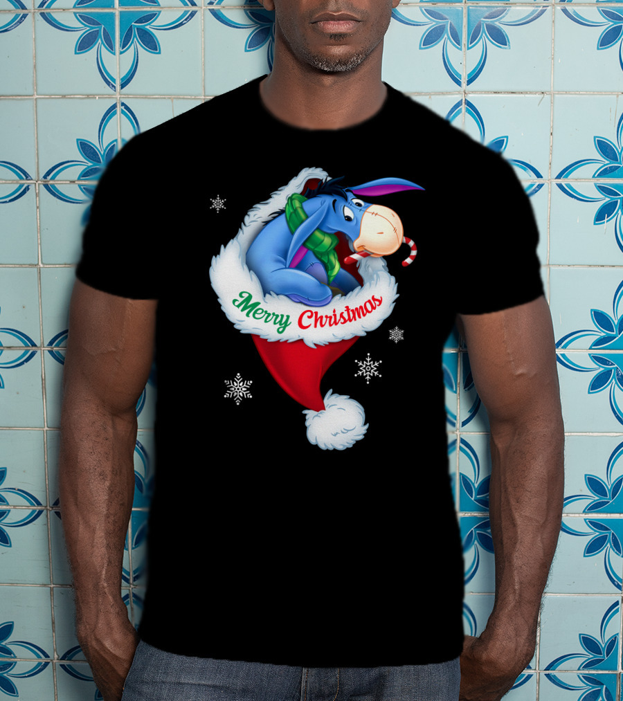 Eeyore Merry Christmas Santa Hat Snowflakes T-Shirt