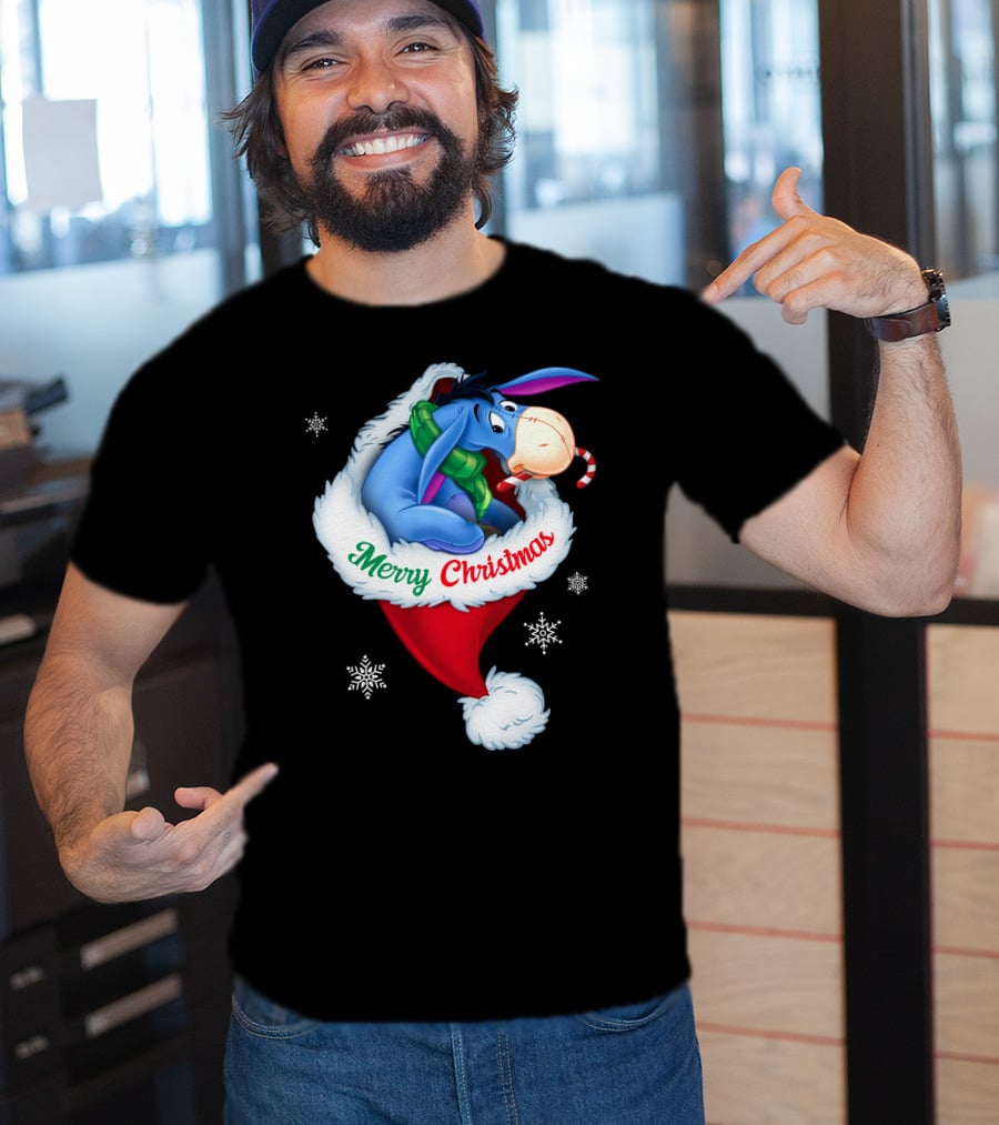 Eeyore Merry Christmas Santa Hat Snowflakes T-Shirt