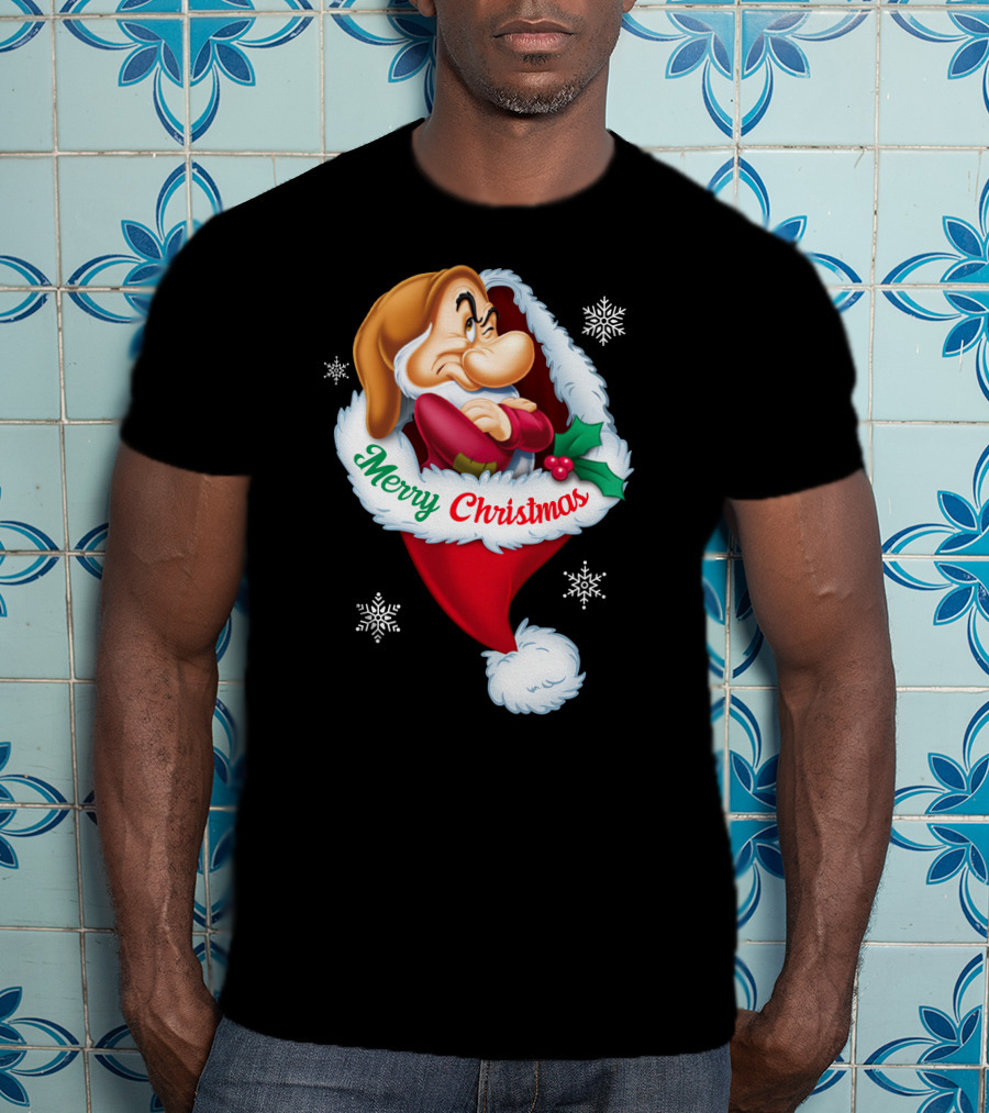 Grumpy Merry Christmas Santa Hat And Snowflakes T-Shirt