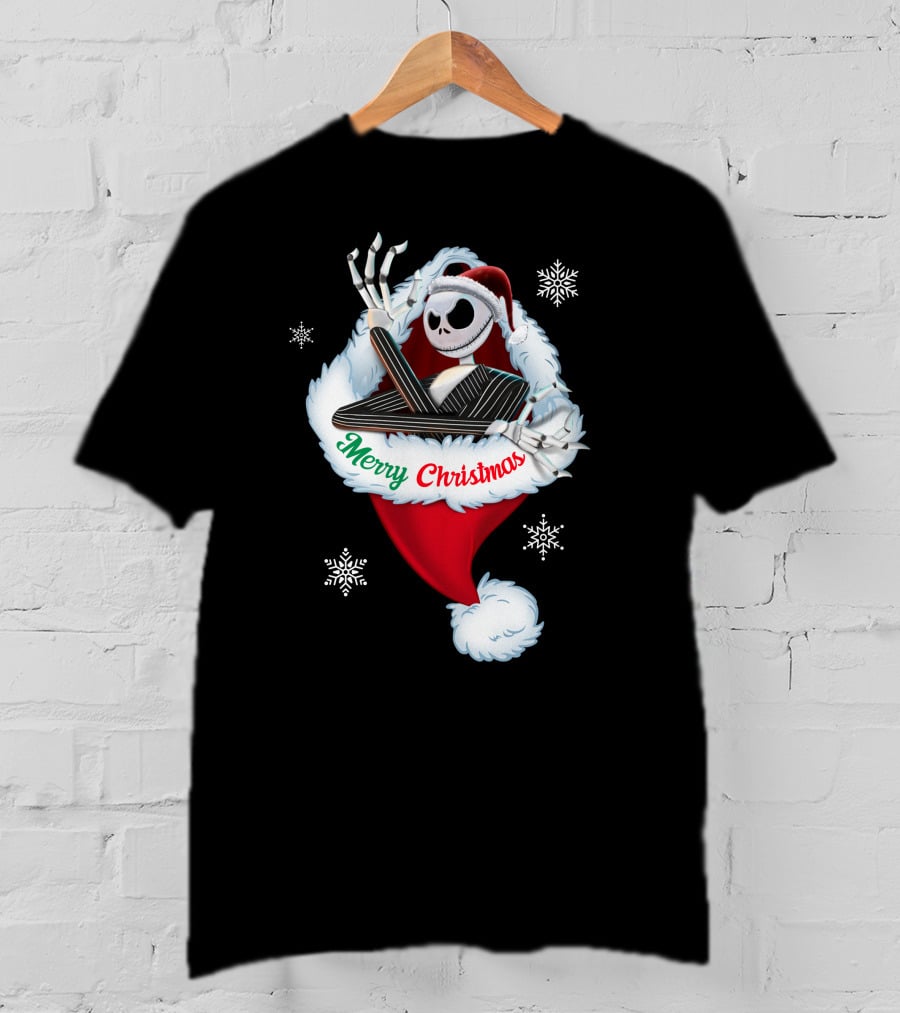 Jack Skellington Merry Christmas Santa Hat Snowflakes T-Shirt