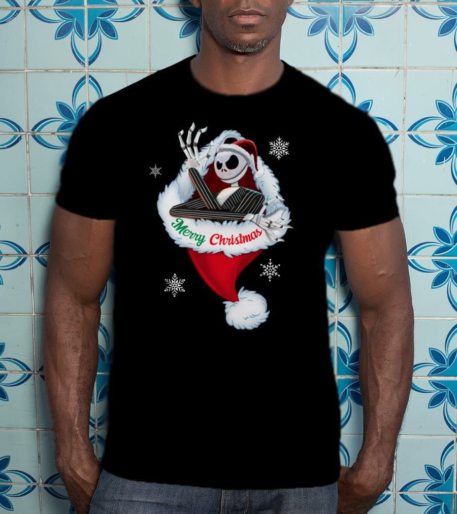Jack Skellington Merry Christmas Santa Hat Snowflakes T-Shirt
