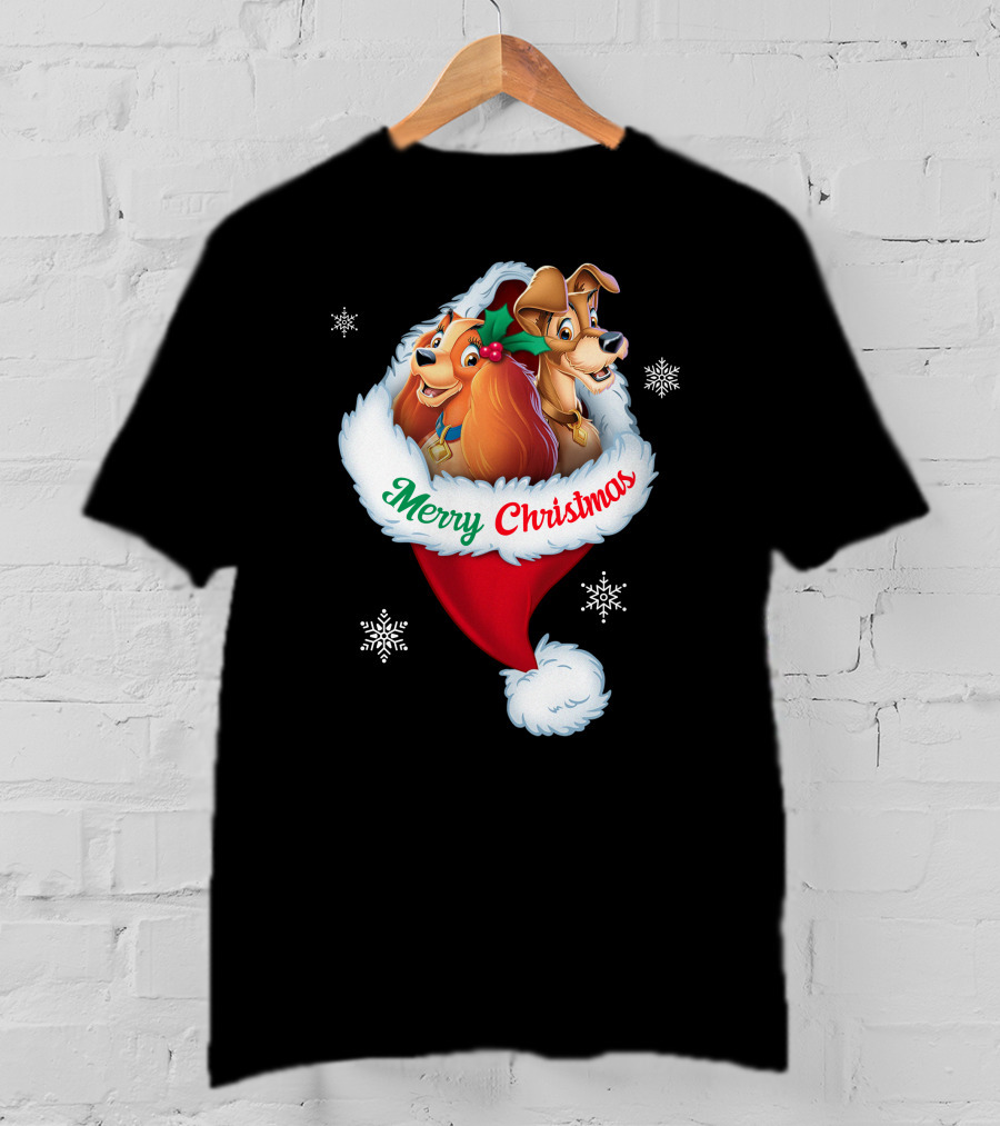 Merry Christmas Lady And The Tramp Holiday Santa Hat Snowflakes T-Shirt