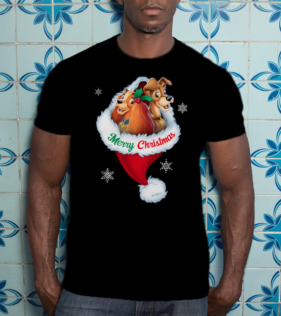 Merry Christmas Lady And The Tramp Holiday Santa Hat Snowflakes T-Shirt