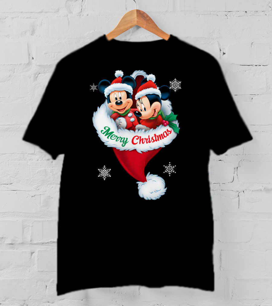 Merry Christmas Mickey Minnie Santa Hat Snowflakes T-Shirt