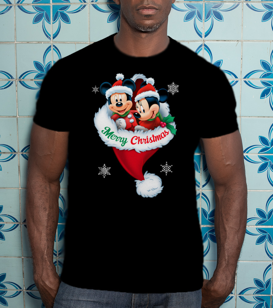 Merry Christmas Mickey Minnie Santa Hat Snowflakes T-Shirt