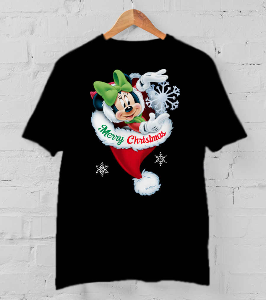 Minnie Mouse Merry Christmas Santa Hat Snowflakes T-Shirt