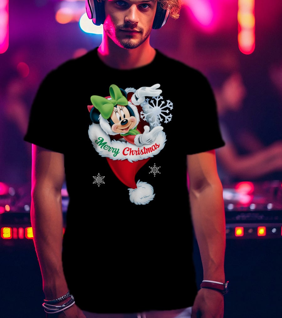 Minnie Mouse Merry Christmas Santa Hat Snowflakes T-Shirt