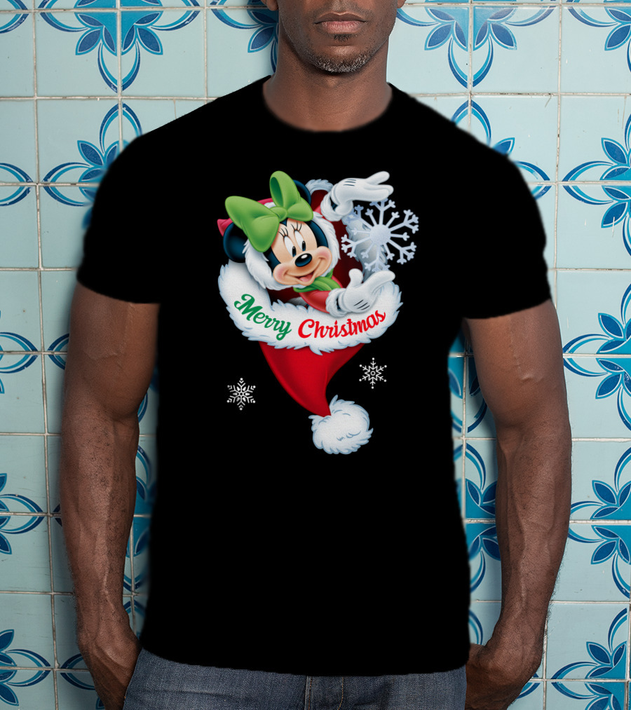 Minnie Mouse Merry Christmas Santa Hat Snowflakes T-Shirt