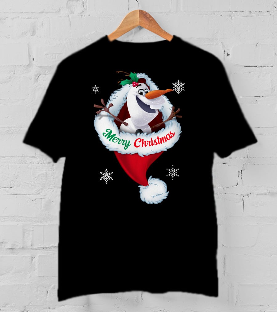 Olaf Merry Christmas Santa Hat With Snowflakes T-Shirt