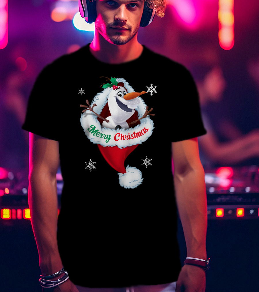 Olaf Merry Christmas Santa Hat With Snowflakes T-Shirt