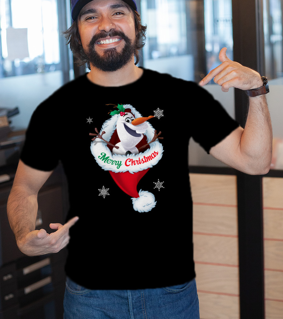 Olaf Merry Christmas Santa Hat With Snowflakes T-Shirt