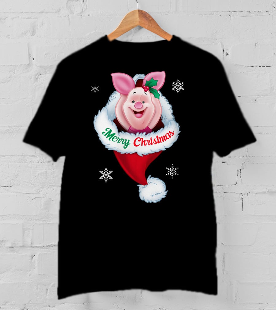Piglet Merry Christmas Holiday Santa Hat Snowflakes T-Shirt