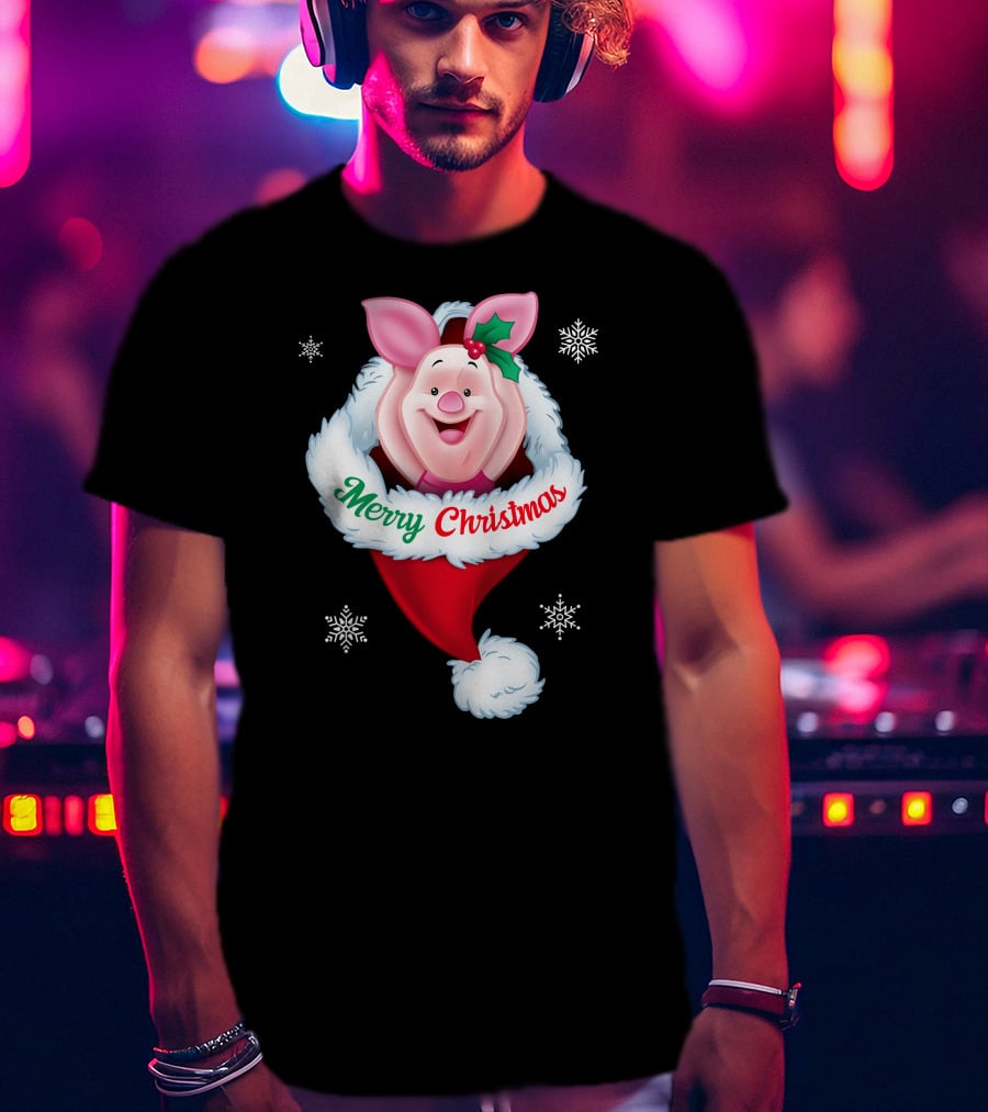 Piglet Merry Christmas Holiday Santa Hat Snowflakes T-Shirt