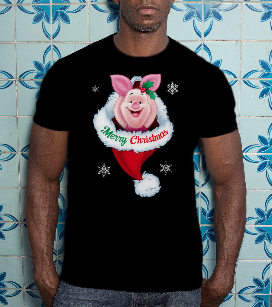 Piglet Merry Christmas Holiday Santa Hat Snowflakes T-Shirt
