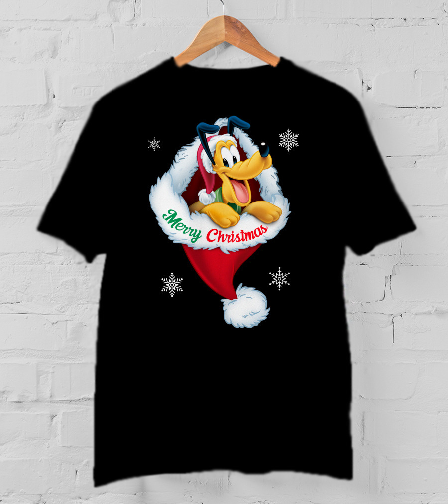 Merry Christmas Pluto Santa Hat Snowflakes T-Shirt