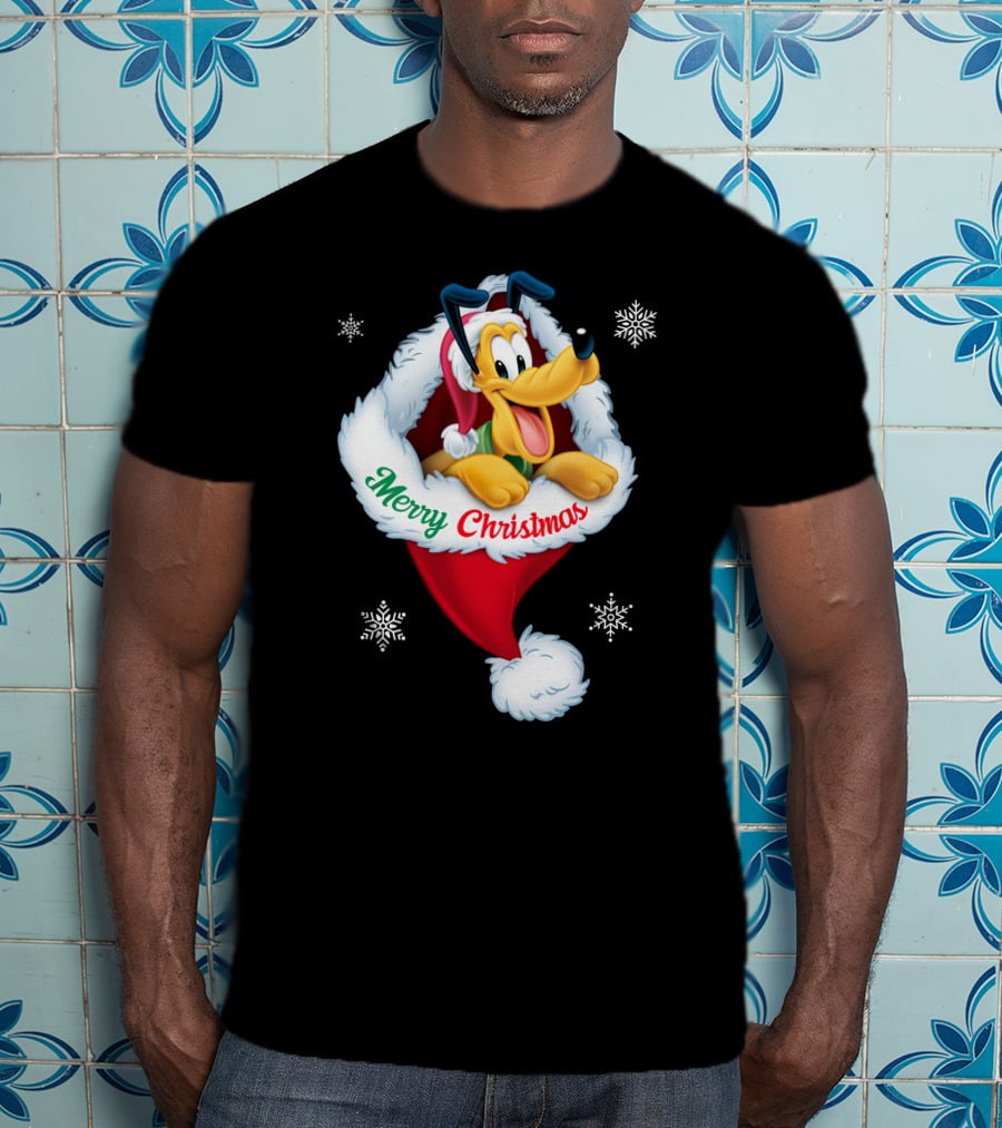 Merry Christmas Pluto Santa Hat Snowflakes T-Shirt