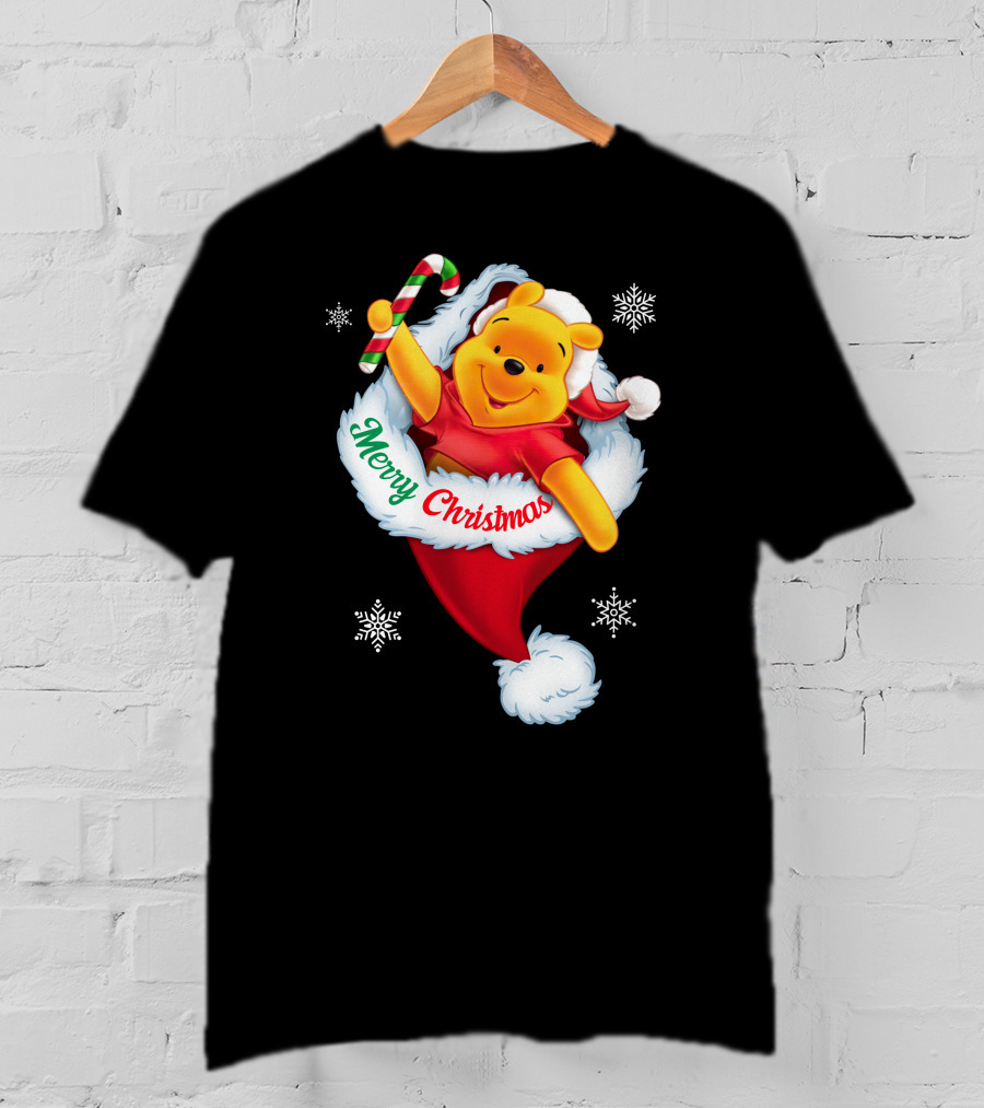 Winnie The Pooh Merry Christmas Santa Hat Candy Cane T-Shirt