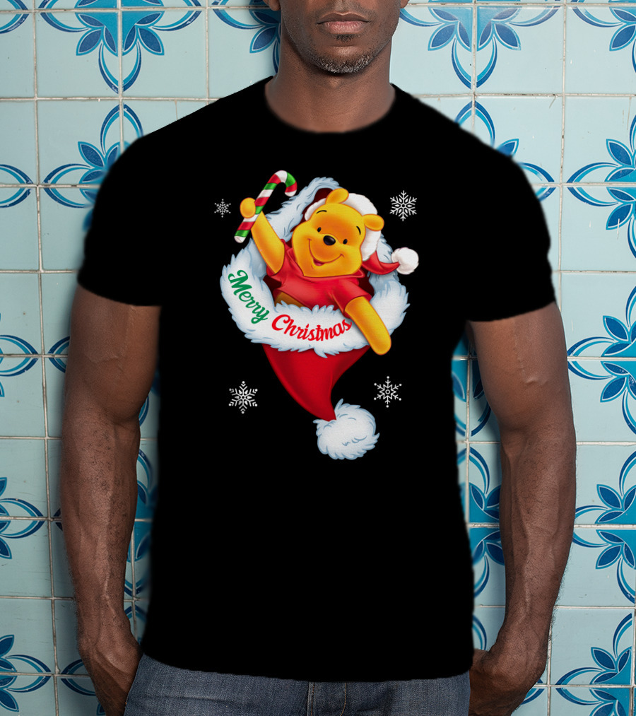 Winnie The Pooh Merry Christmas Santa Hat Candy Cane T-Shirt