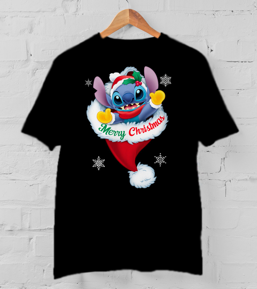 Merry Christmas Stitch Santa Hat Snowflakes T-Shirt