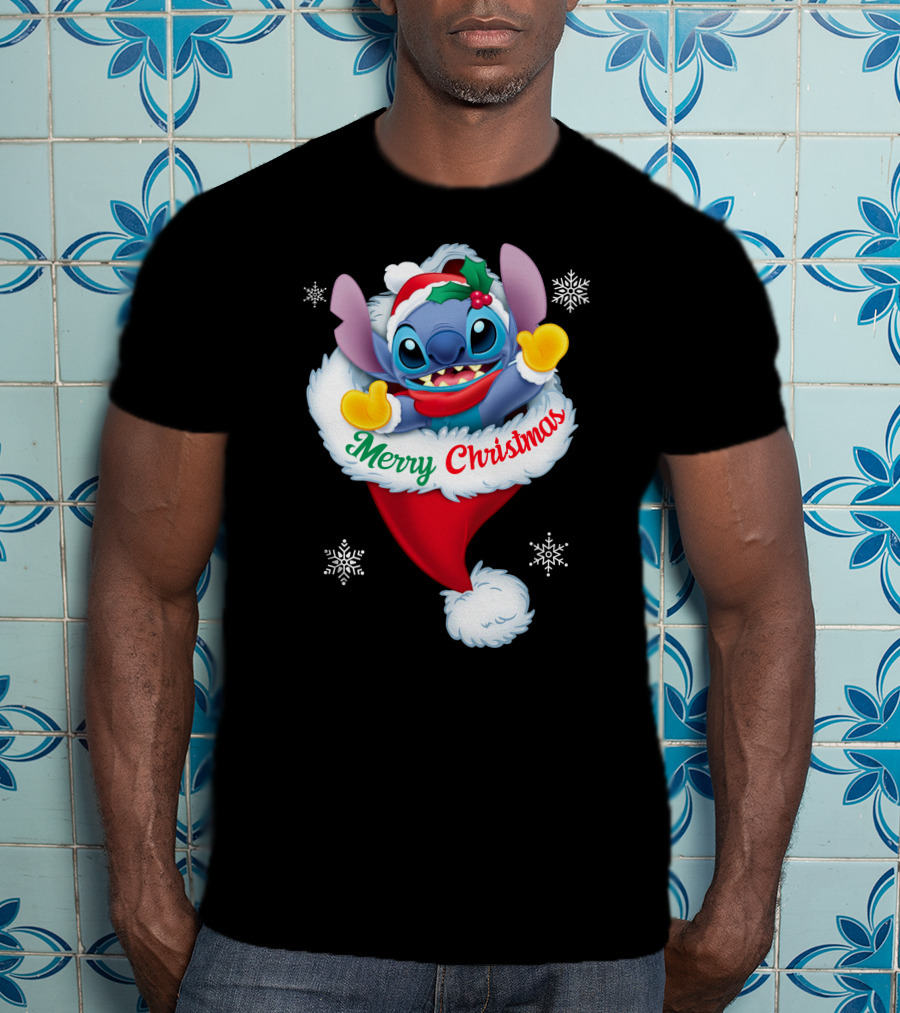 Merry Christmas Stitch Santa Hat Snowflakes T-Shirt