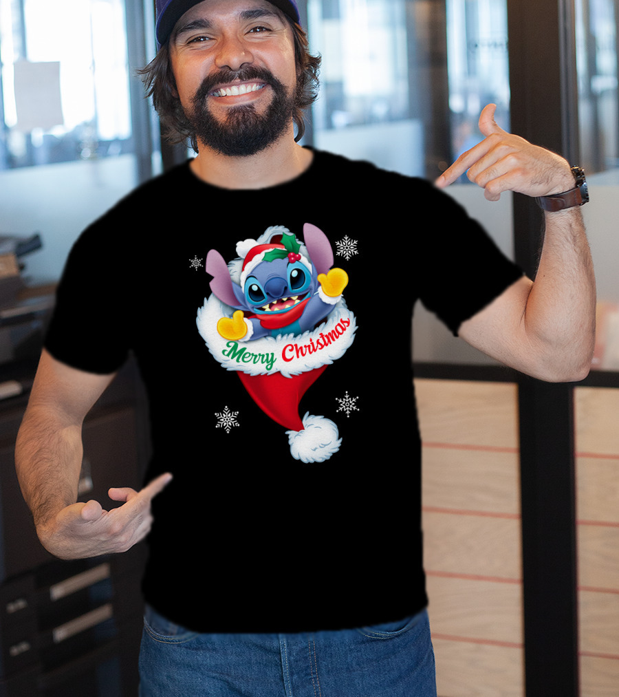 Merry Christmas Stitch Santa Hat Snowflakes T-Shirt