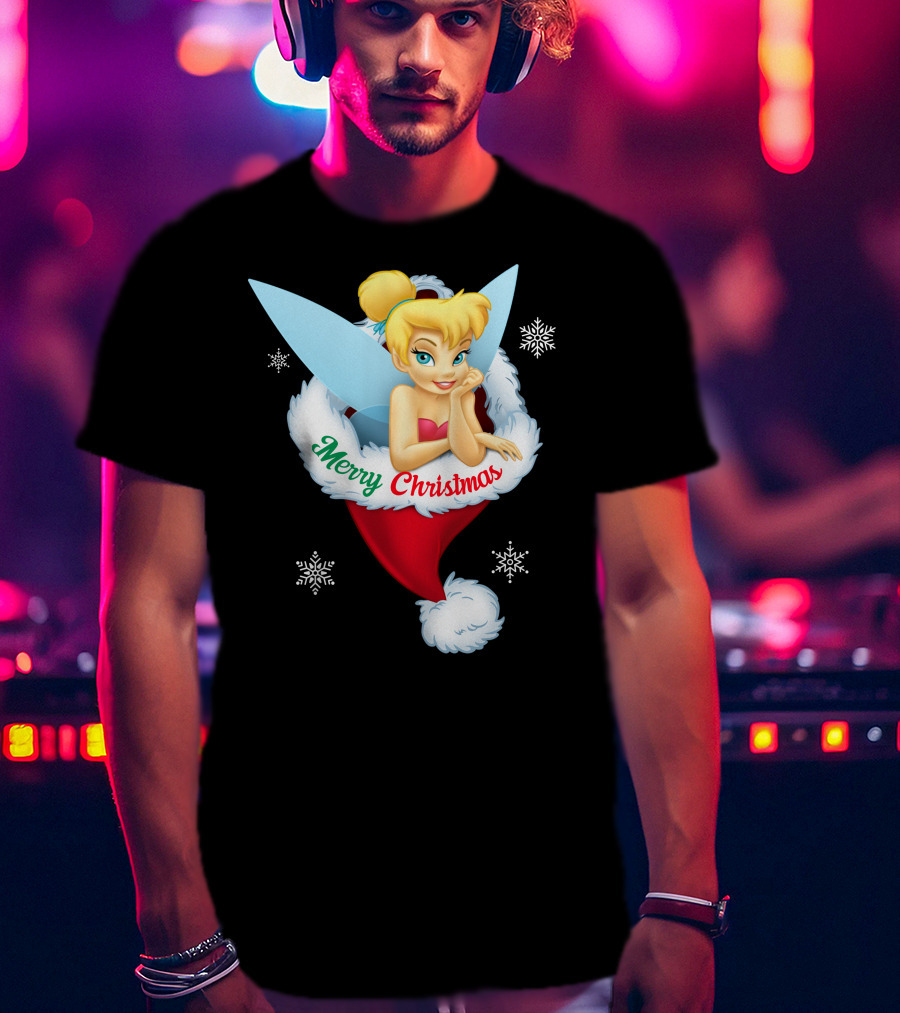 Tinkerbell Merry Christmas Santa Hat Snowflakes T-Shirt