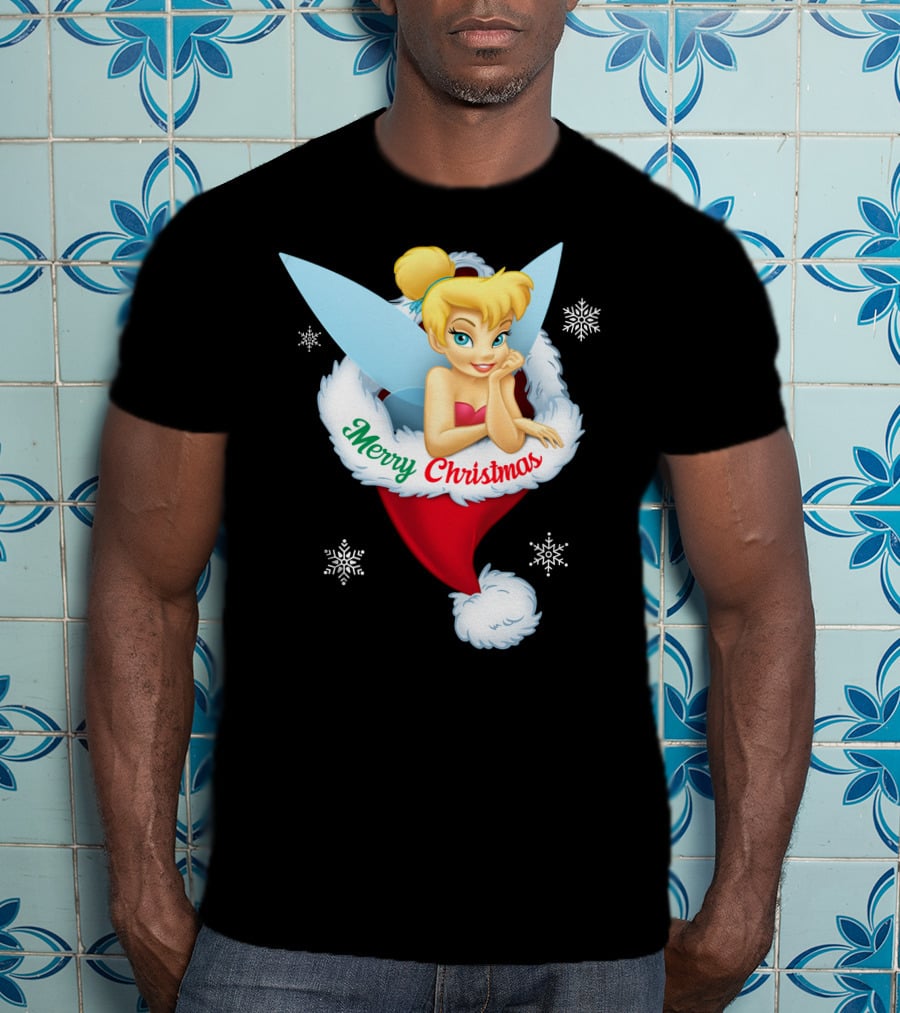 Tinkerbell Merry Christmas Santa Hat Snowflakes T-Shirt