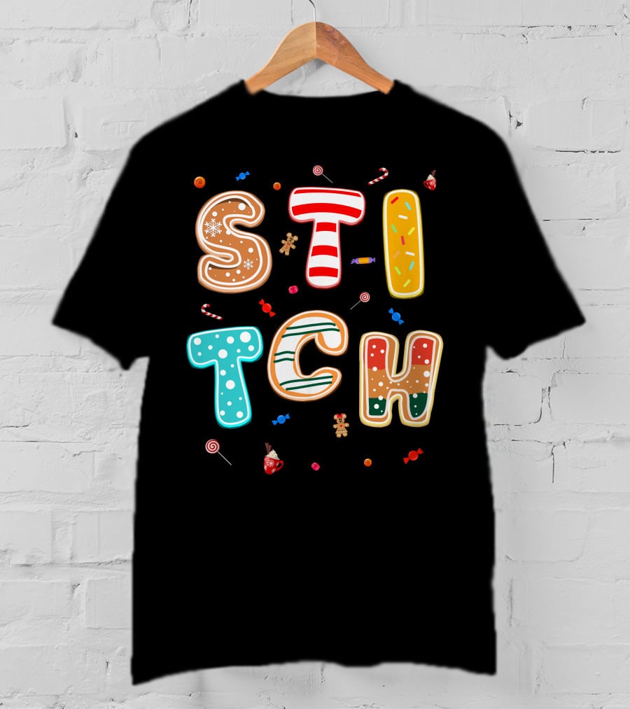 Stitch Gingerbread Candy Cane Christmas Letters T-Shirt