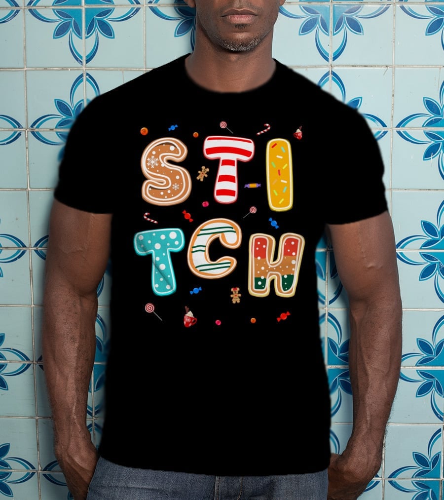 Stitch Gingerbread Candy Cane Christmas Letters T-Shirt