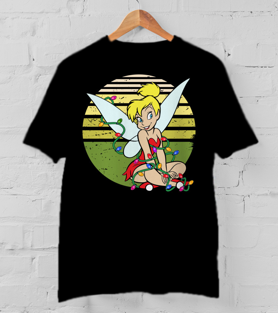 Tinkerbell Wrapped In Christmas Lights Sitting With Retro T-Shirt