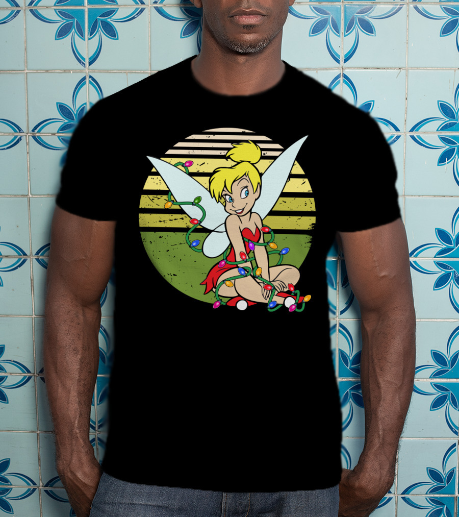 Tinkerbell Wrapped In Christmas Lights Sitting With Retro T-Shirt