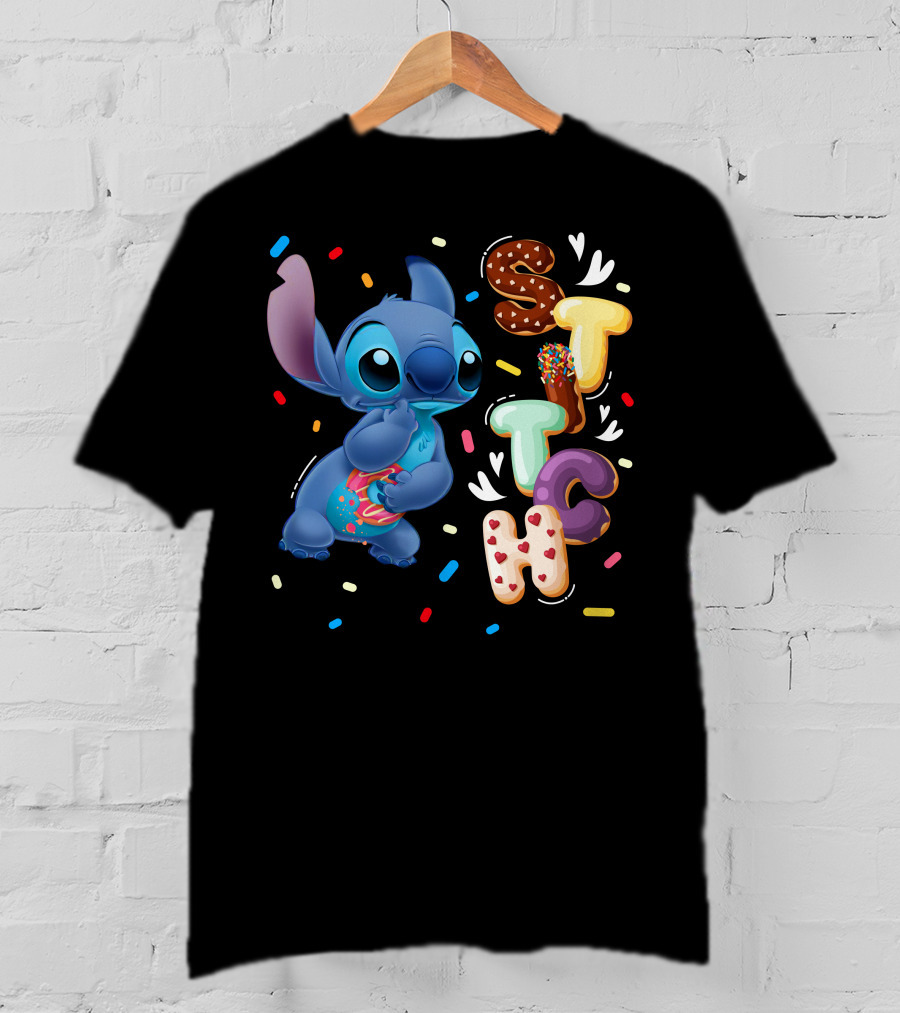 Stitch Donut Letter Sprinkles And Cute Blue Alien Character T-Shirt