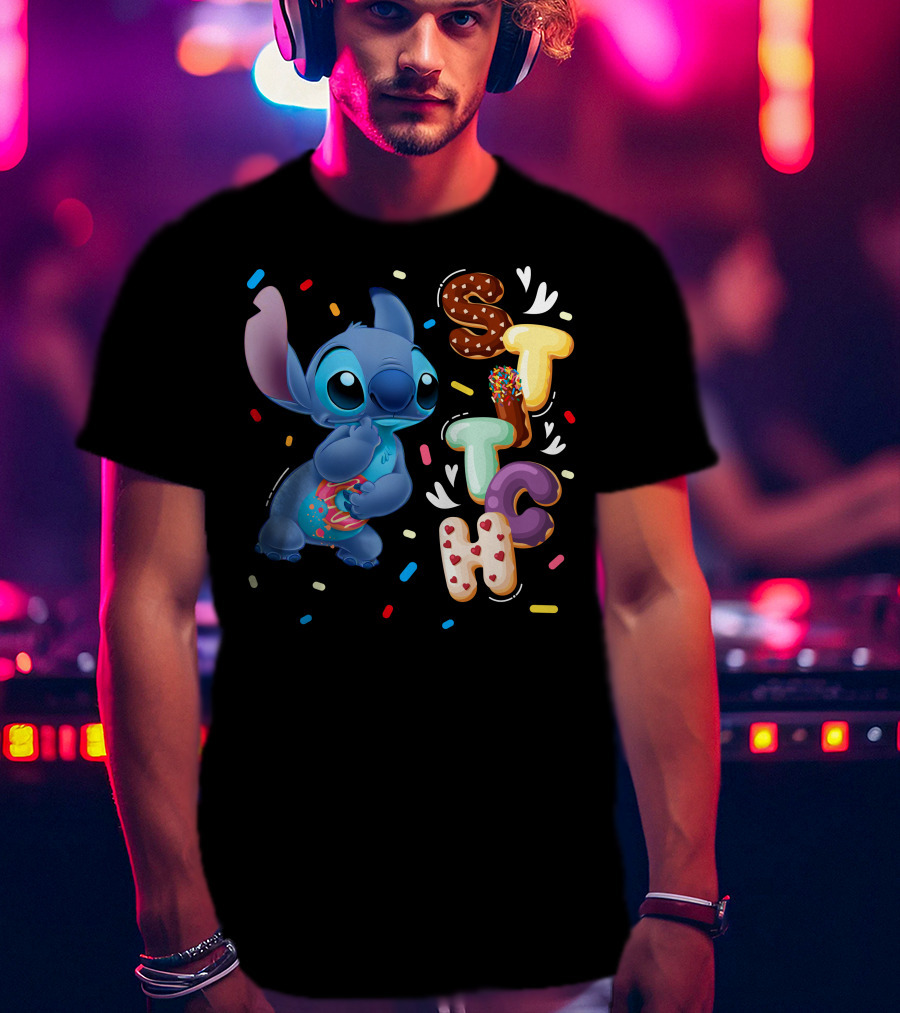 Stitch Donut Letter Sprinkles And Cute Blue Alien Character T-Shirt