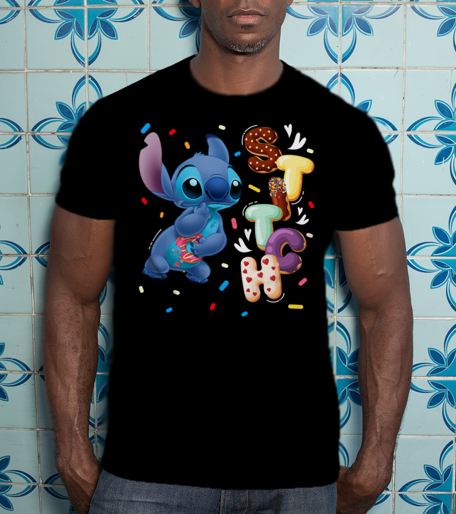 Stitch Donut Letter Sprinkles And Cute Blue Alien Character T-Shirt