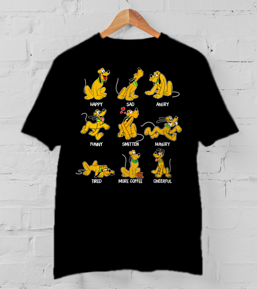 Pluto Moods Happy Sad Angry Funny Smitten Hungry Tired More Coffee Cheerful T-Shirt