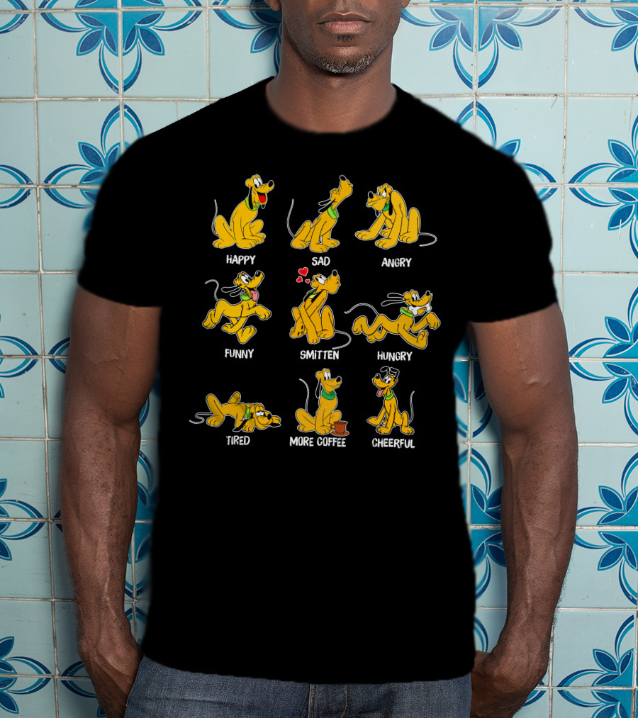 Pluto Moods Happy Sad Angry Funny Smitten Hungry Tired More Coffee Cheerful T-Shirt