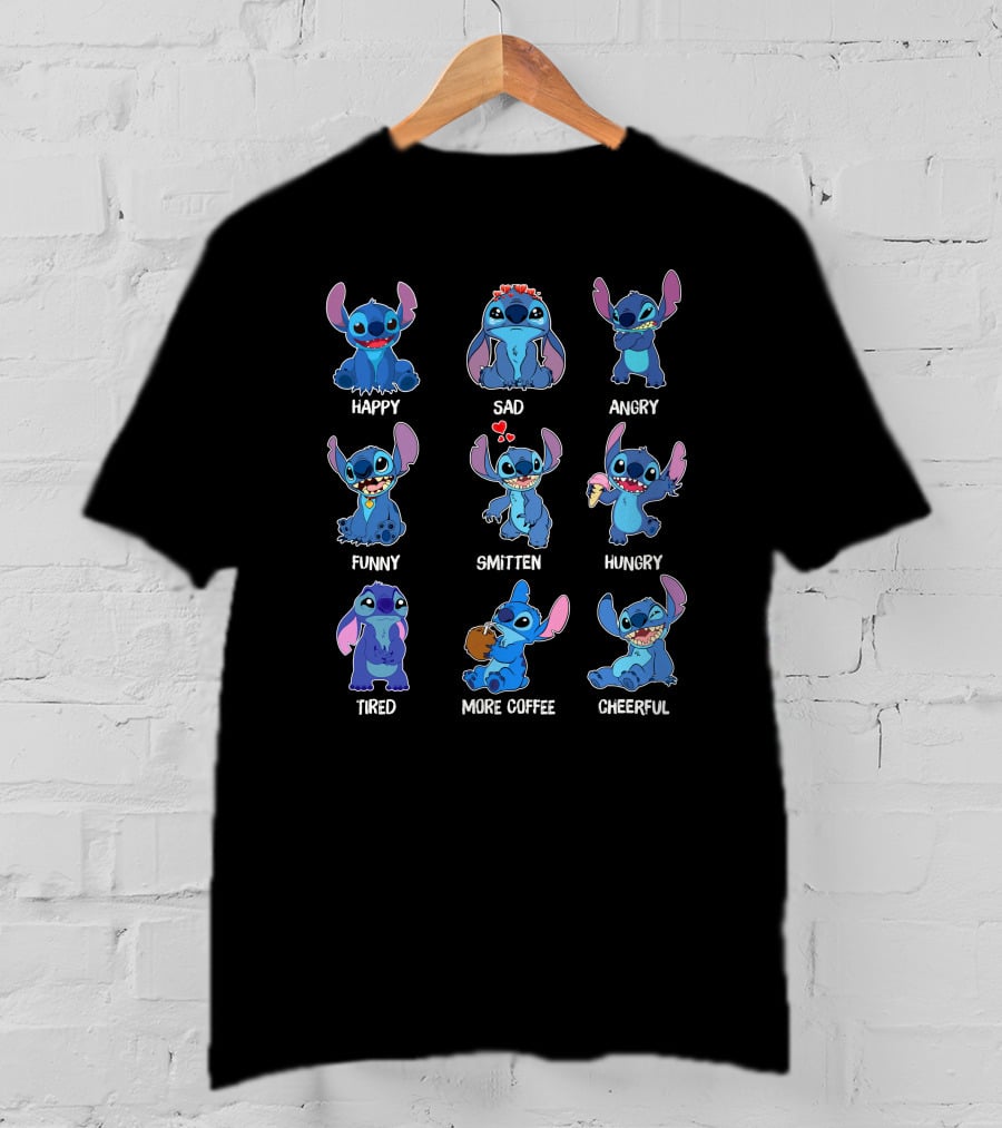 Stitch Moods Happy Sad Angry Funny Smitten Hungry Tired More Coffee Cheerful T-Shirt