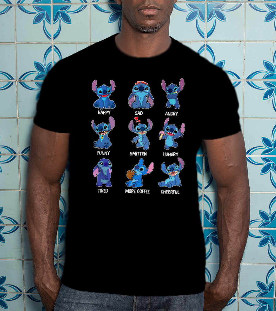 Stitch Moods Happy Sad Angry Funny Smitten Hungry Tired More Coffee Cheerful T-Shirt