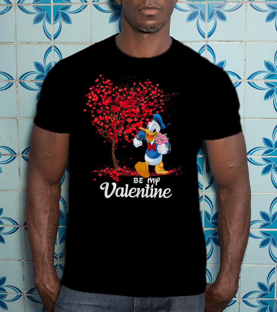 Be My Valentine Donald Duck Holding Flowers And Heart Tree T-Shirt