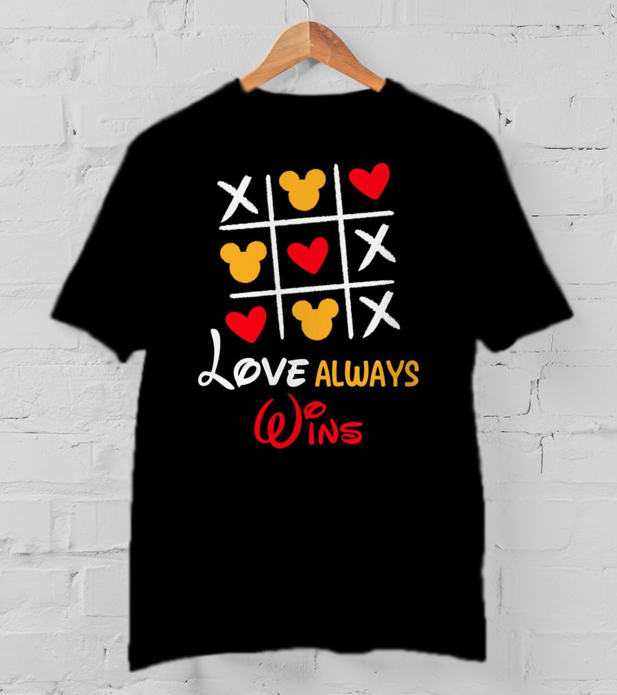 LOVE ALWAYS WINS Tic Tac Toe Hearts Mickey Ears T-Shirt