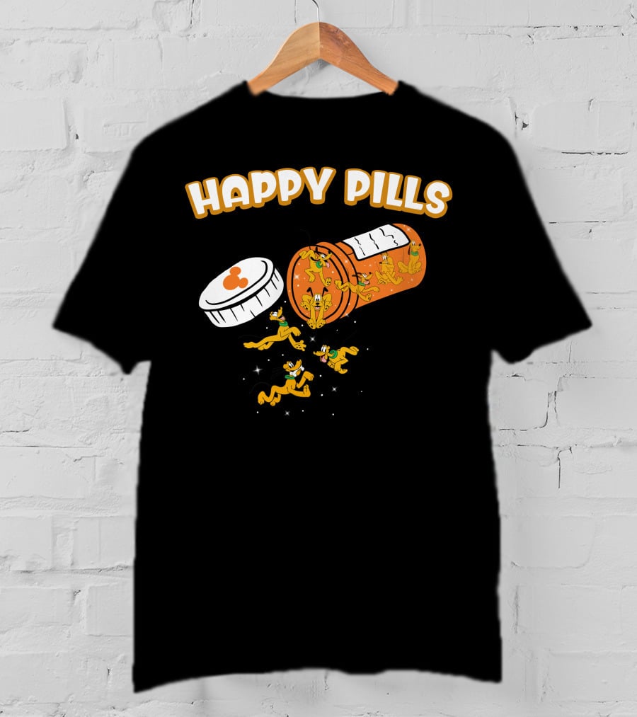 HAPPY PILLS Pluto Characters In Orange Pill Bottle T-Shirt
